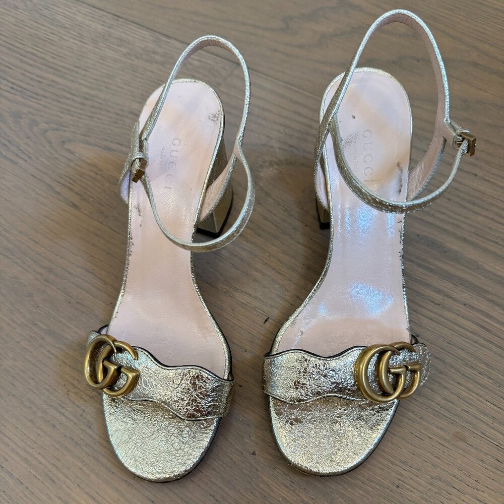 Gucci Marmant mid height block heel sandal (3.25"); Gold size 6.5